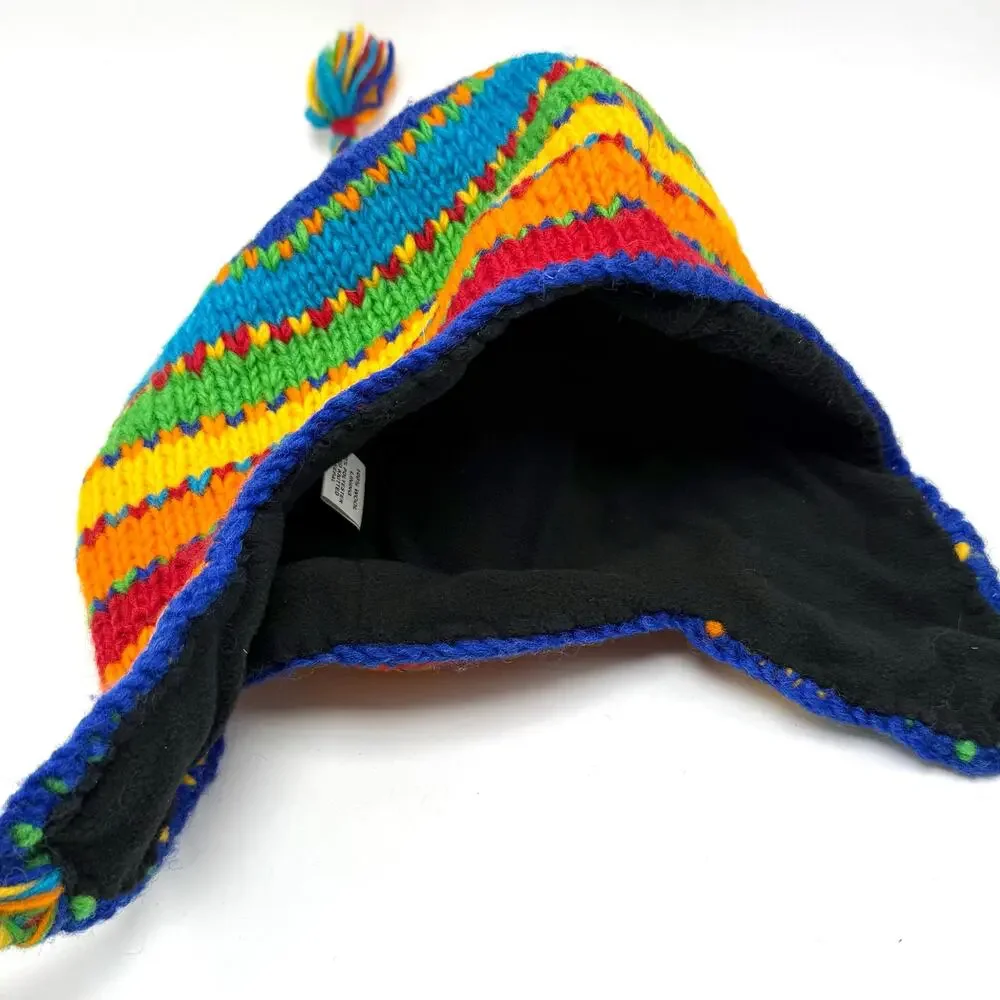 Rainbow Striped Wool Sherpa Hat Earflap Beanie Stocking Cap Toque Toboggan Nepal